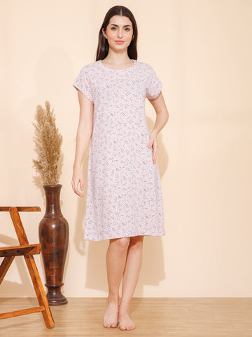 Cotton Lines Print Knee Length Night Dress (mm-3005-1)