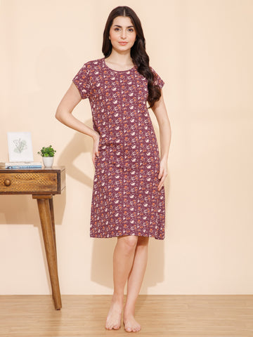 Cotton Spots Print Knee Length Night Dress (mm-3002-3)