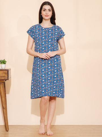 Cotton Spots Print Knee Length Night Dress (mm-3002-2)