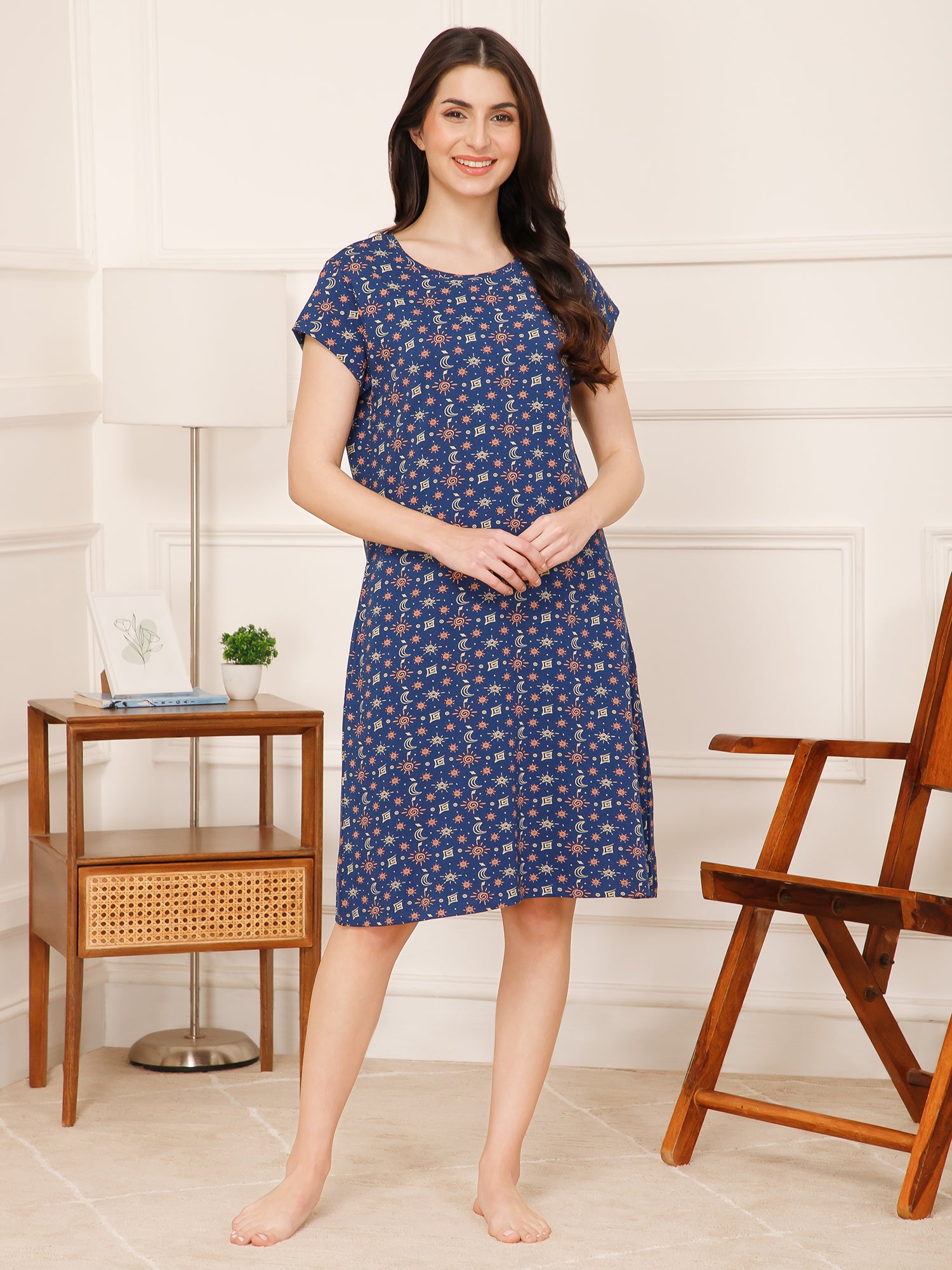 Cotton Shapes Print Knee Length Night Dress (mm-3003-2) Cotton Shapes Print Knee Length Night Dress (mm-3003-2)