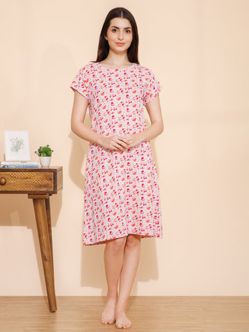Cotton Spots Print Knee Length Night Dress (mm-3002-1)