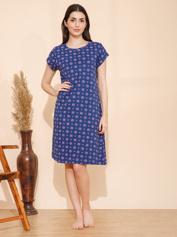 Cotton Flower Print Knee Length Night Dress (mm-3004-2)
