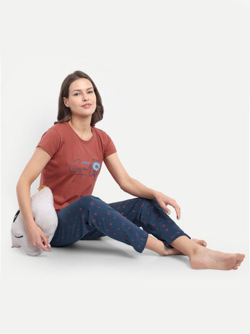 Women's Cotton Star Printed Night Suit Set of T-shirt & Pyjama (15063c)