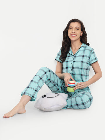 Women's Cotton Checked Night Suit Set of Shirt & Pyjama (2240c)