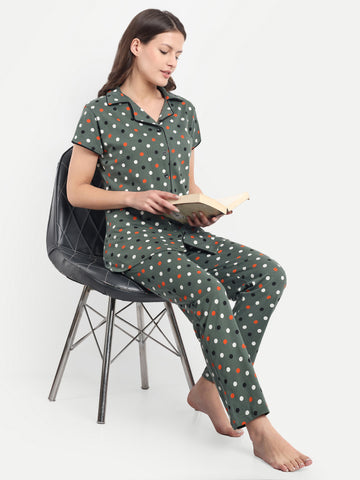 Women's Cotton Polka Dot Night Suit Set of Shirt & Pyjama (2239c)