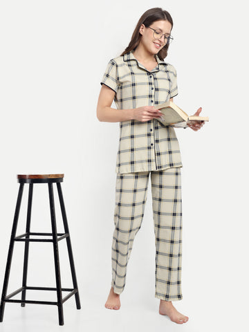 Women's Cotton Checked Night Suit Set of Shirt & Pyjama (2240b)