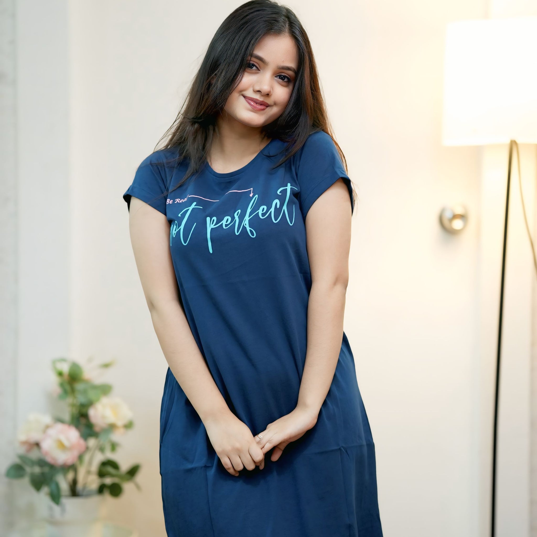 Cotton Chest Quote print Knee Length Night Dress (mm-3106-2)