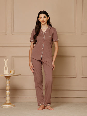 Rose Taupe Collar Night Suit Set (Pyajama Set)