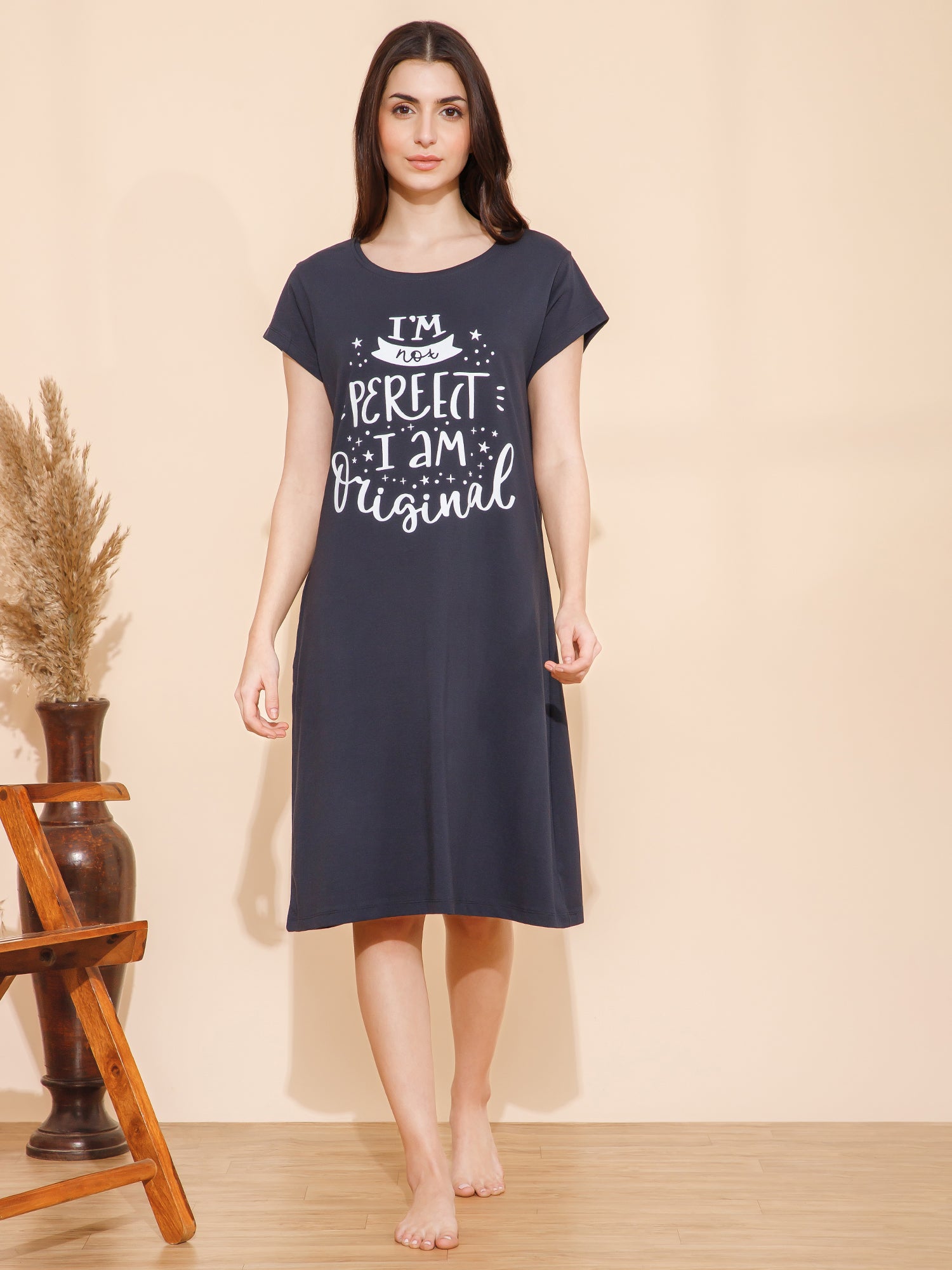 Cotton Chest Quote print Knee Length Night Dress (mm-3105-1)