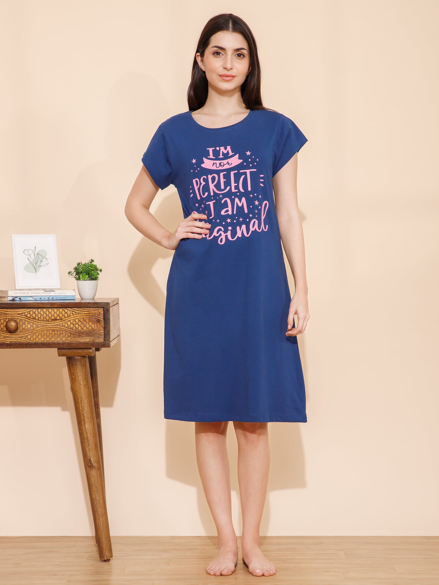 Cotton Chest Quote print Knee Length Night Dress (mm-3105-2)