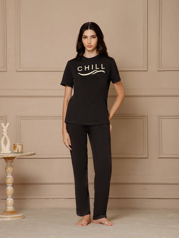 Black T-Shirt Night Suit Set (Pyajama Set)