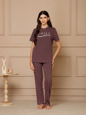 Wine T-Shirt Night Suit Set (Pyajama Set)
