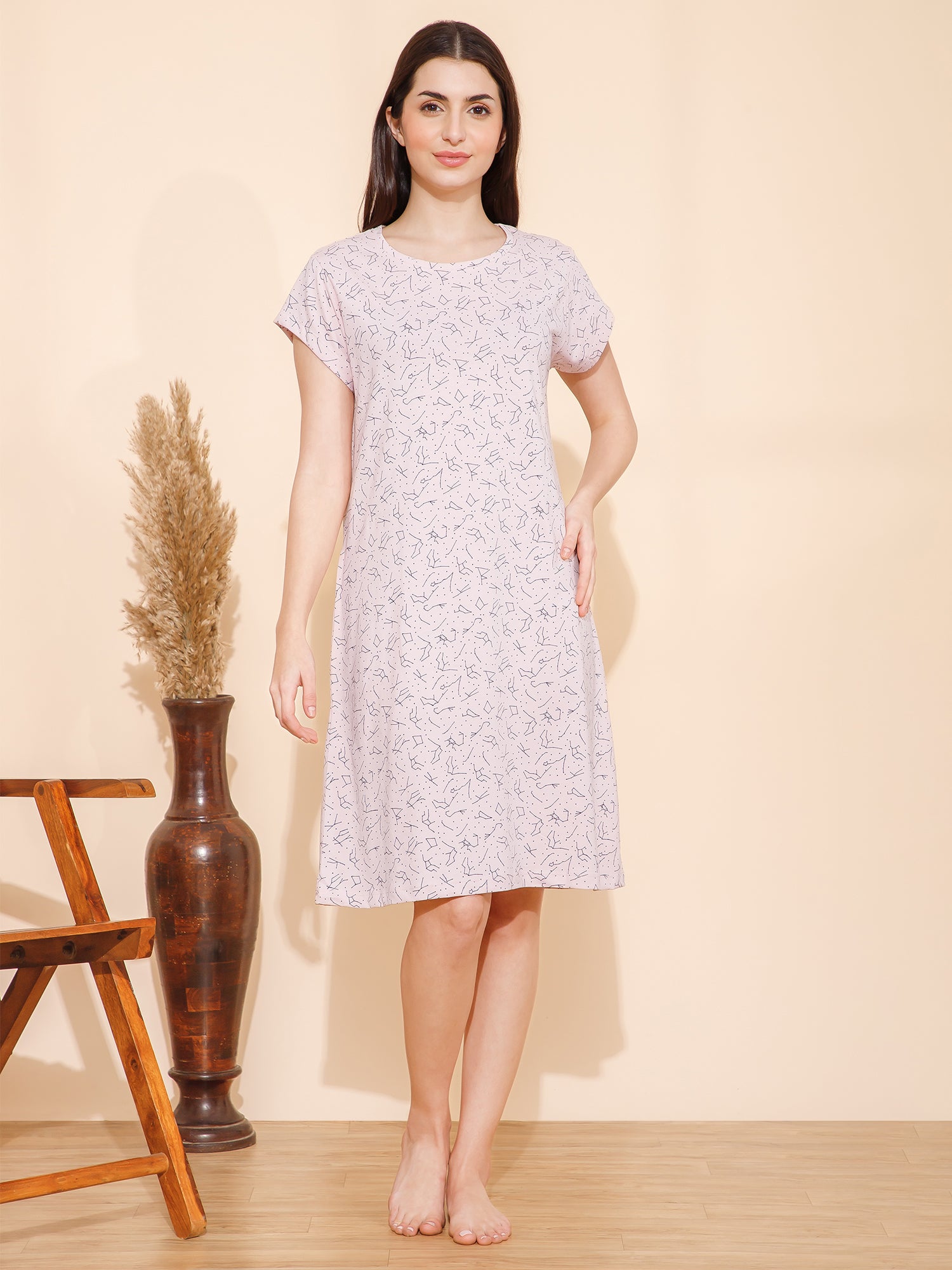 Cotton Lines Print Knee Length Night Dress (mm-3005-1)