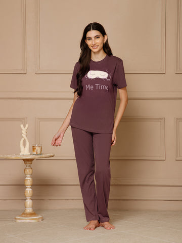 Wine T-Shirt Night Suit Set (Pyajama Set)