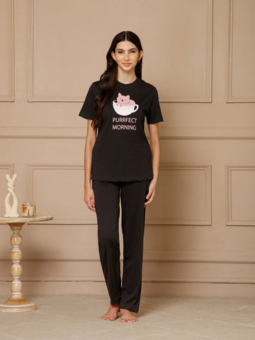 Black T-Shirt Night Suit Set (Pyajama Set)