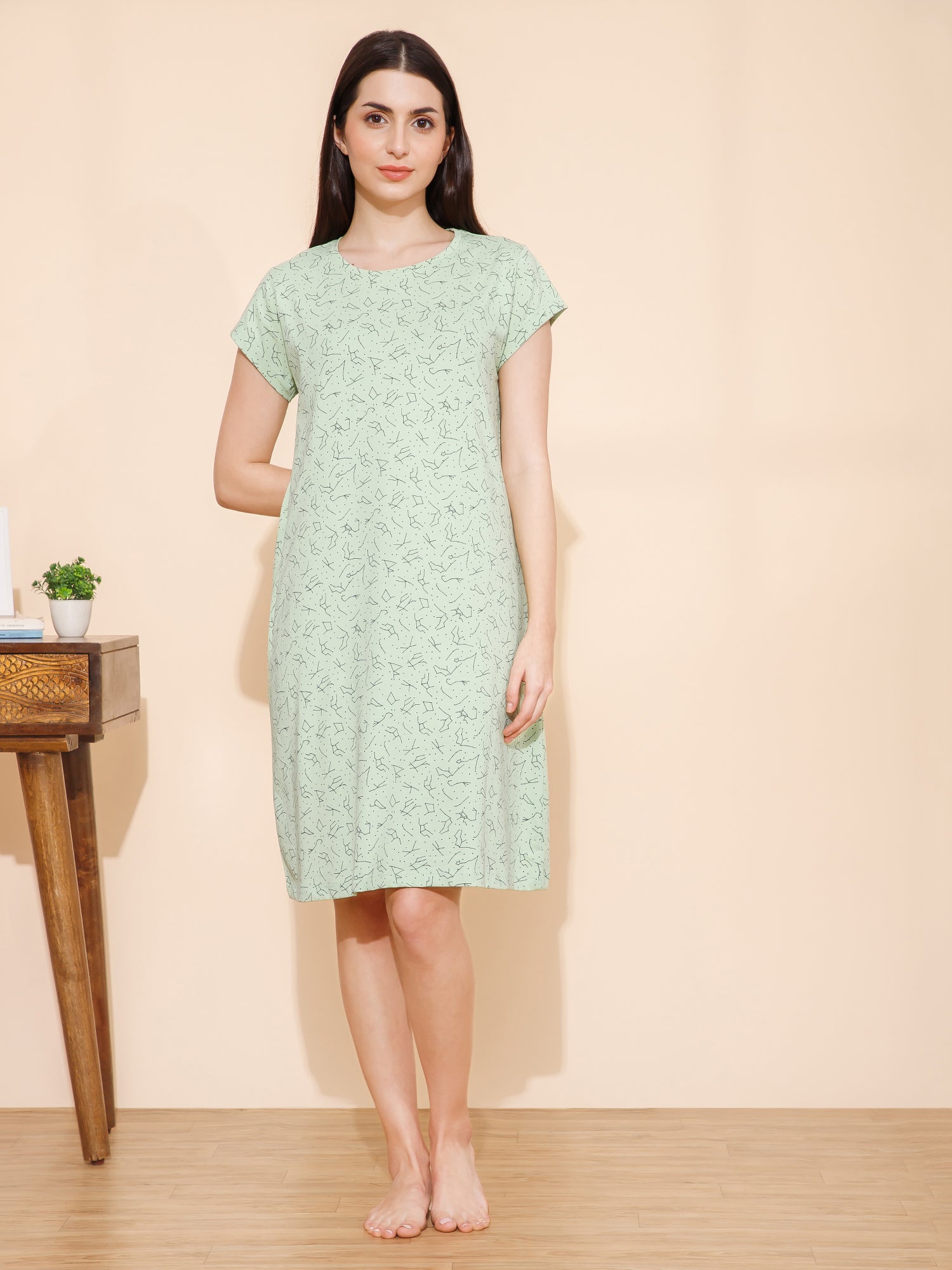 Cotton Lines Print Knee Length Night Dress (mm-3005-3)