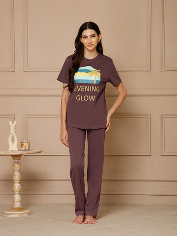 Wine T-Shirt Night Suit Set (Pyajama Set)