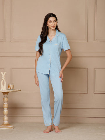 Ice Blue Collar Night Suit Set (Pyajama Set)