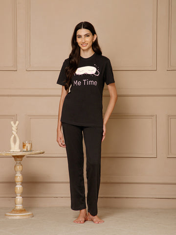Black T-Shirt Night Suit Set (Pyajama Set)