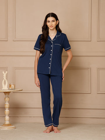 Blue Collar Night Suit Set (Pyajama Set)