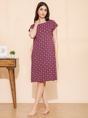 Cotton Flower Print Knee Length Night Dress (mm-3004-3)