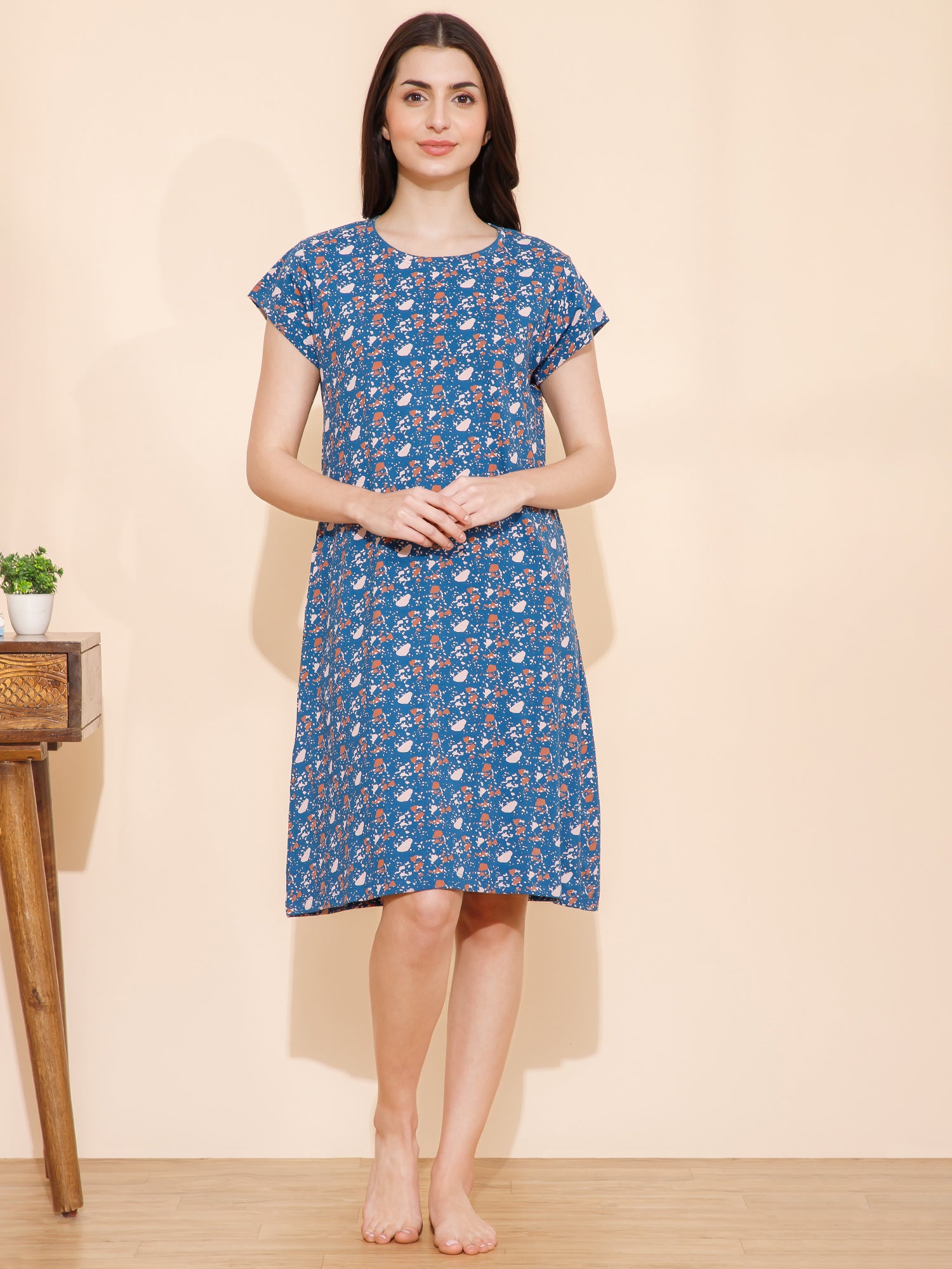 Cotton Spots Print Knee Length Night Dress (mm-3002-2)
