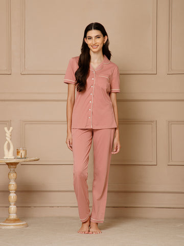 Ash Rose Collar Night Suit Set (Pyajama Set)