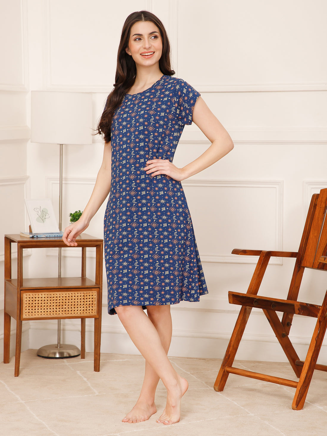 Cotton Shapes Print Knee Length Night Dress (mm-3003-2)