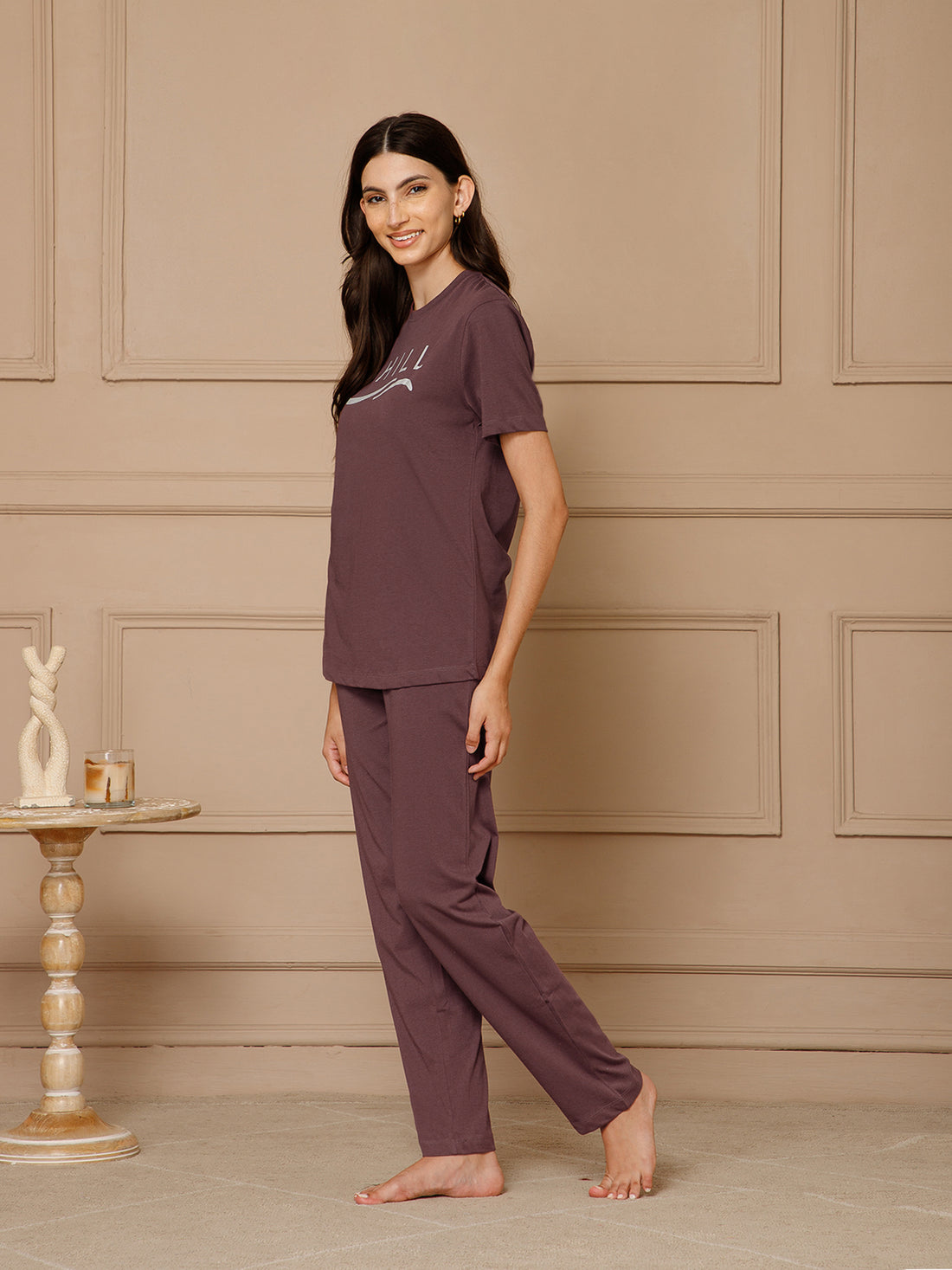 Wine T-Shirt Night Suit Set (Pyajama Set)