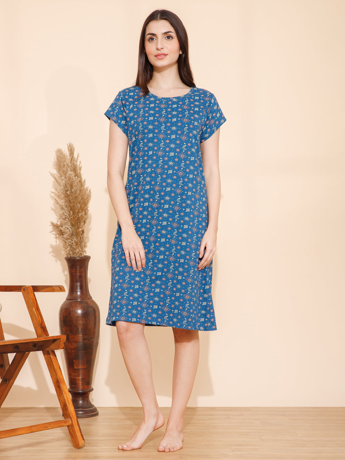 Cotton Shapes Print Knee Length Night Dress (mm-3003-1)