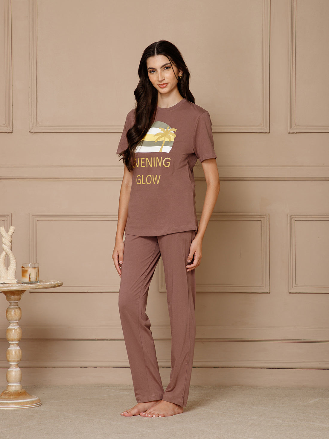 Rose Taupe T-Shirt Night Suit Set (Pyajama Set)