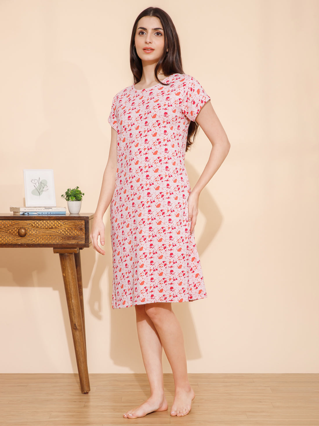 Cotton Spots Print Knee Length Night Dress (mm-3002-1)