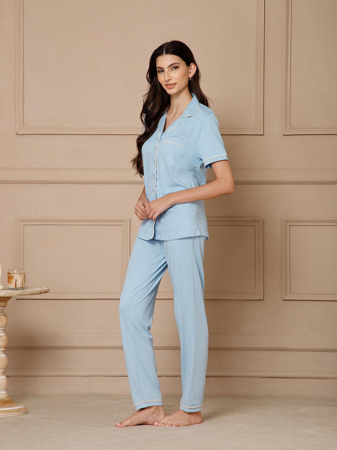 Ice Blue Collar Night Suit Set (Pyajama Set)