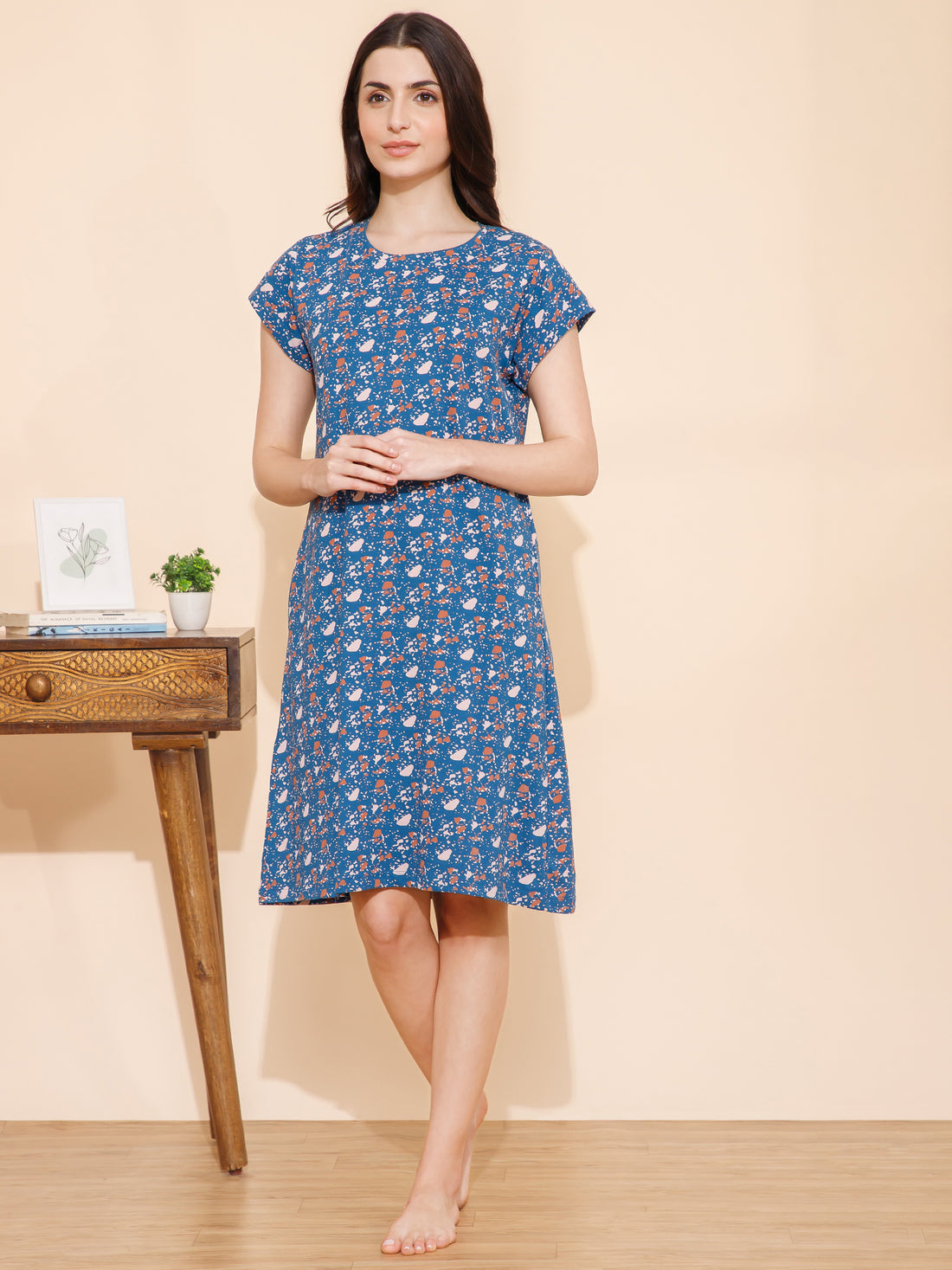 Cotton Spots Print Knee Length Night Dress (mm-3002-2)