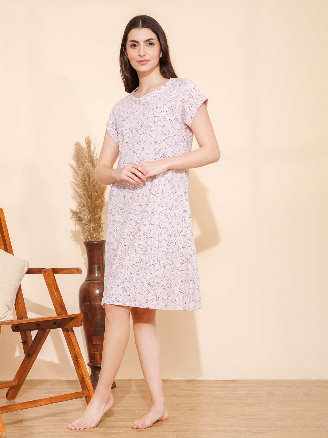Cotton Lines Print Knee Length Night Dress (mm-3005-1)