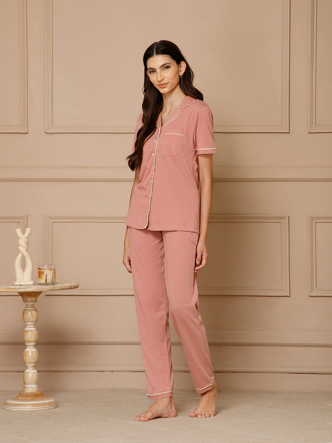 Ash Rose Collar Night Suit Set (Pyajama Set)