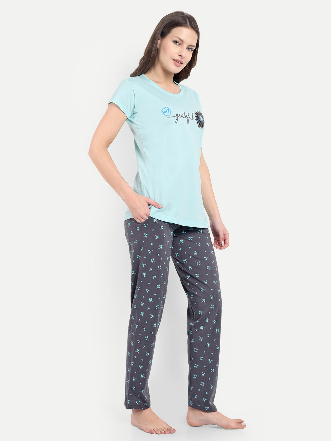 Women's Cotton Flower Printed Night Suit Set of T-shirt & Pyjama (15030a)