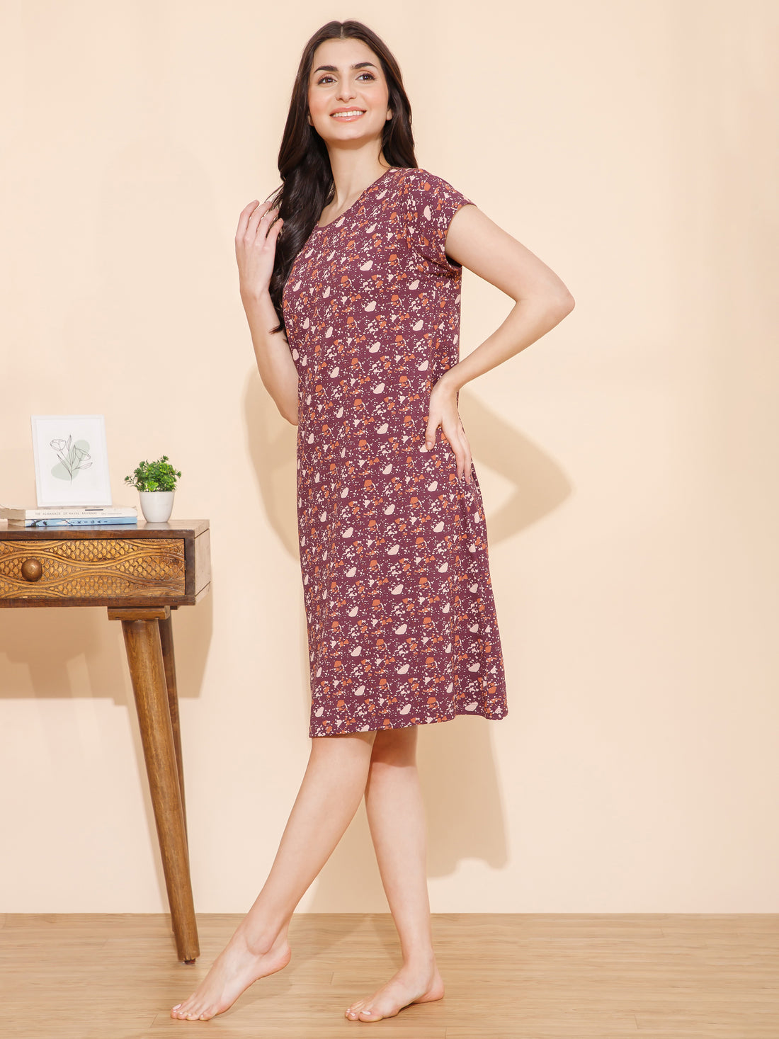 Cotton Spots Print Knee Length Night Dress (mm-3002-3)