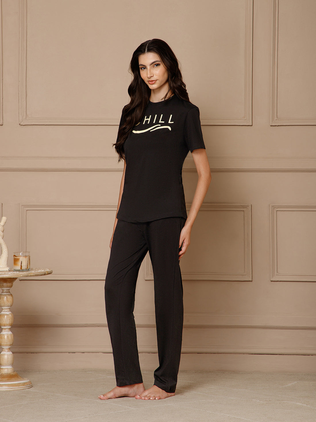 Black T-Shirt Night Suit Set (Pyajama Set)