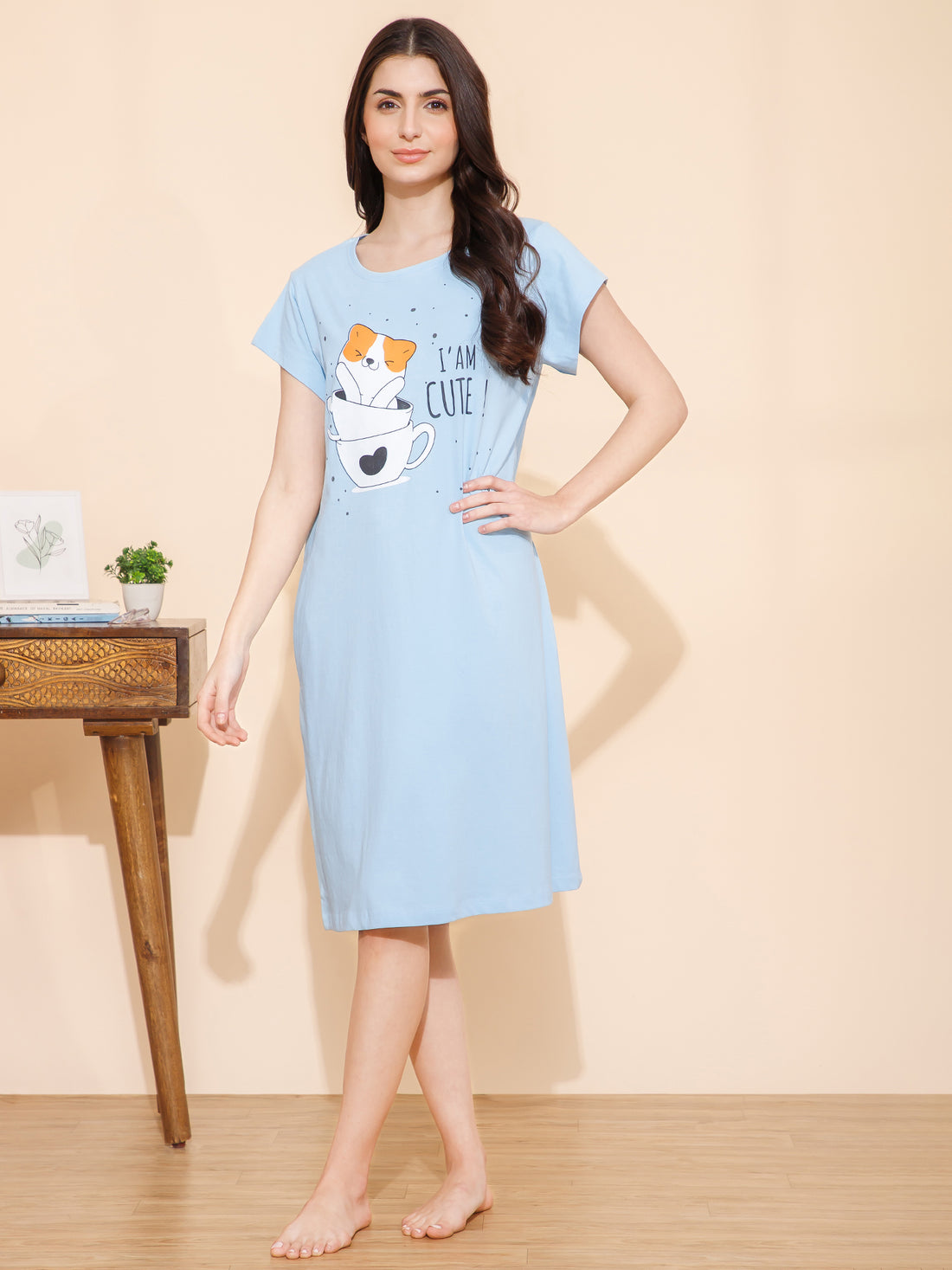 Cotton Chest Quote print Knee Length Night Dress (mm-3101-1)