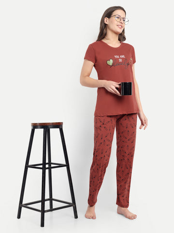 Women's Cotton Printed Night Suit Set of T-shirt & Pyjama (15028c)