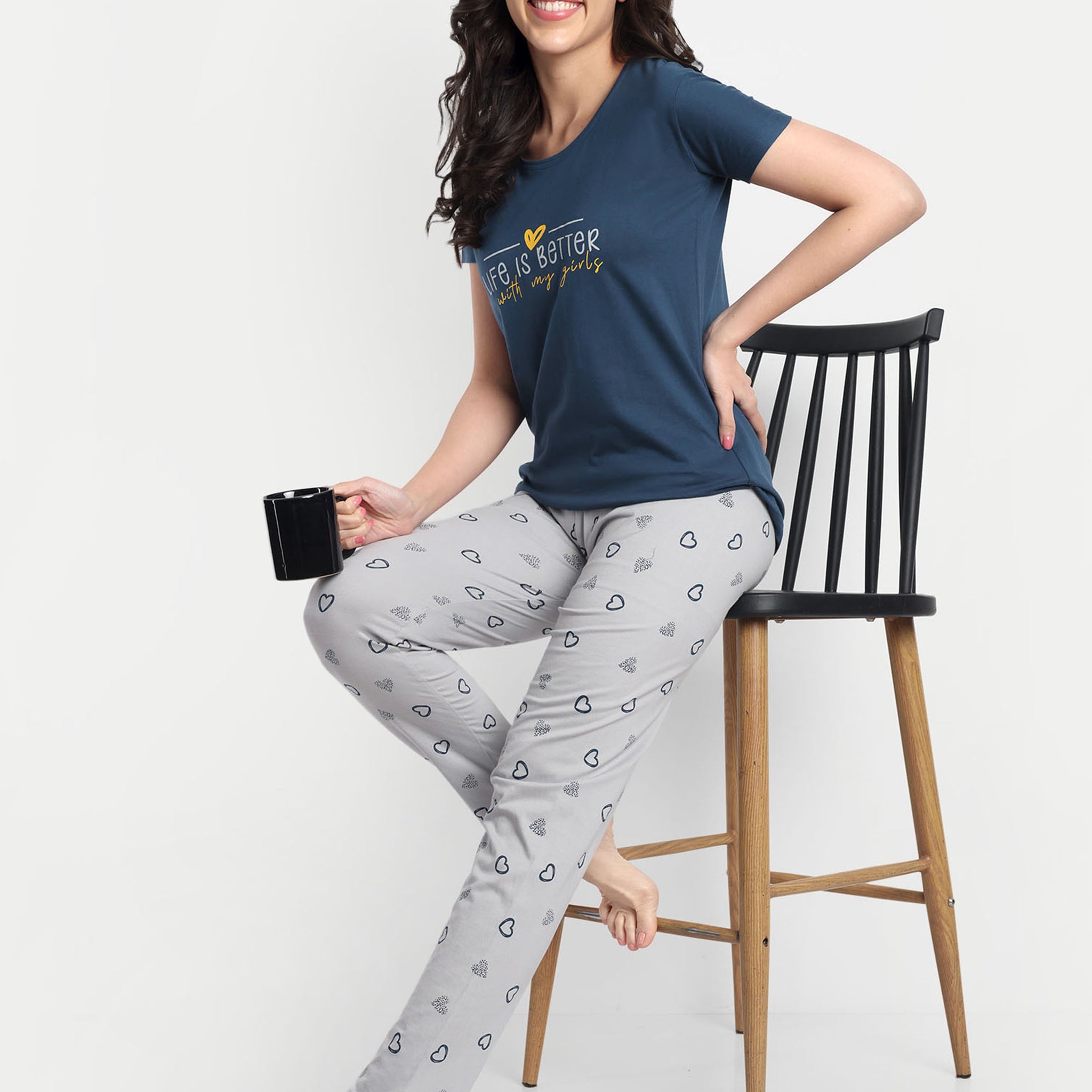 Women's Cotton Heart Printed Night Suit Set of T-shirt & Pyjama (15062a)