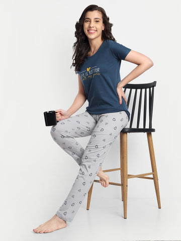 Women's Cotton Heart Printed Night Suit Set of T-shirt & Pyjama (15062a)