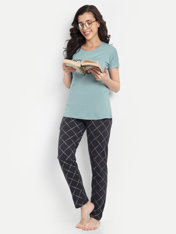 Women's Cotton Checked Night Suit Set of T-shirt & Pyjama (15057c)