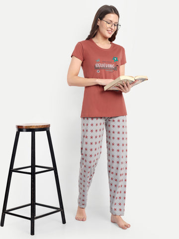 Women's Cotton Printed Night Suit Set of T-shirt & Pyjama (15033a)