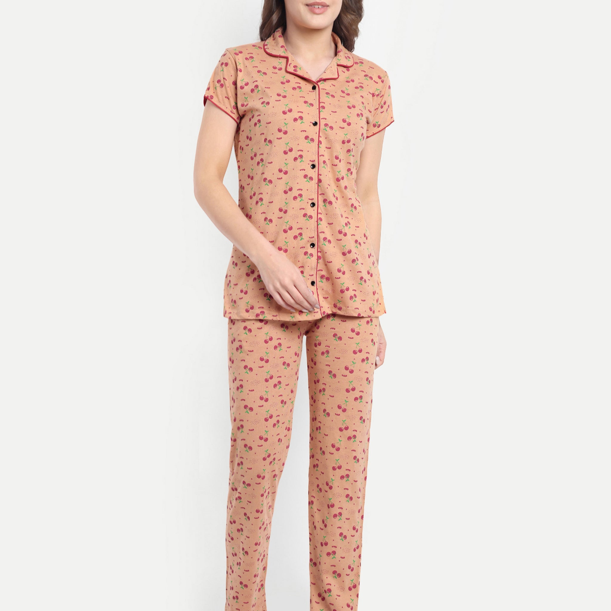 Women's Cotton Cherry Printed Night Suit Set of Shirt & Pyjama (876)