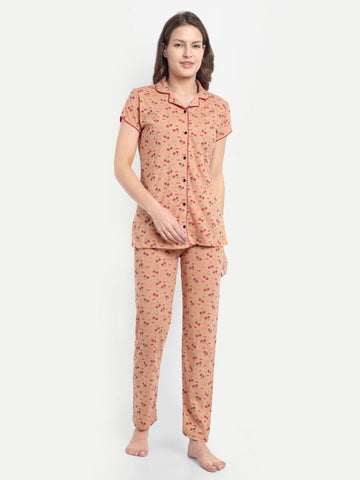 Women's Cotton Cherry Printed Night Suit Set of Shirt & Pyjama (876)