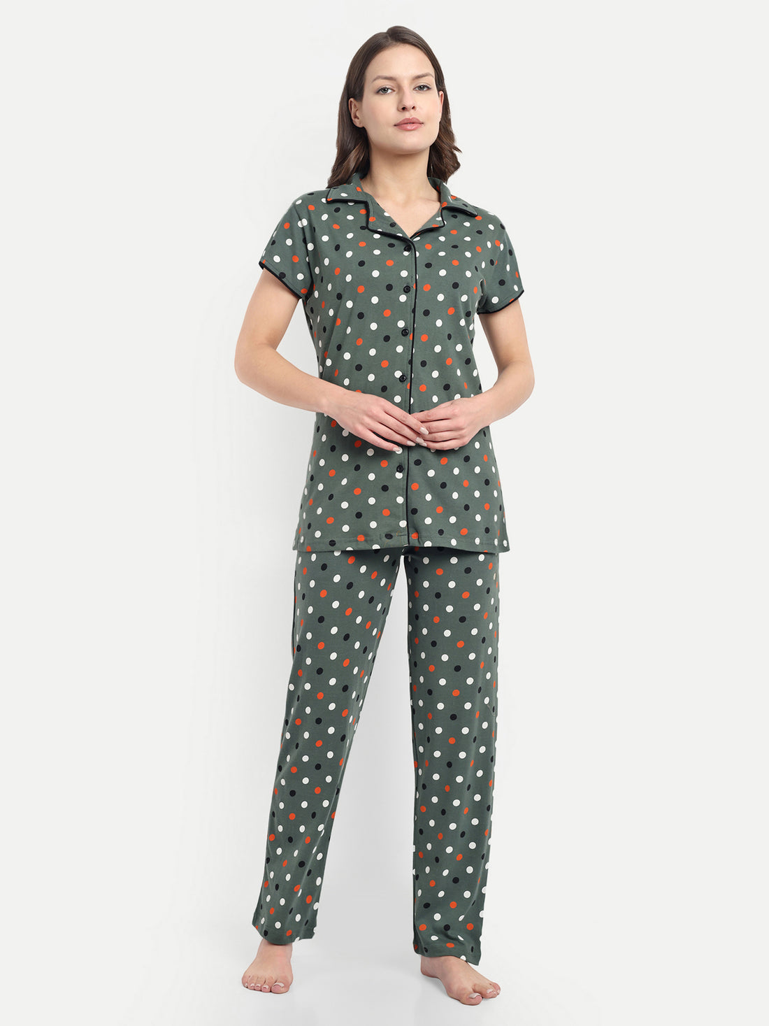 Women's Cotton Polka Dot Night Suit Set of Shirt & Pyjama (2239c)
