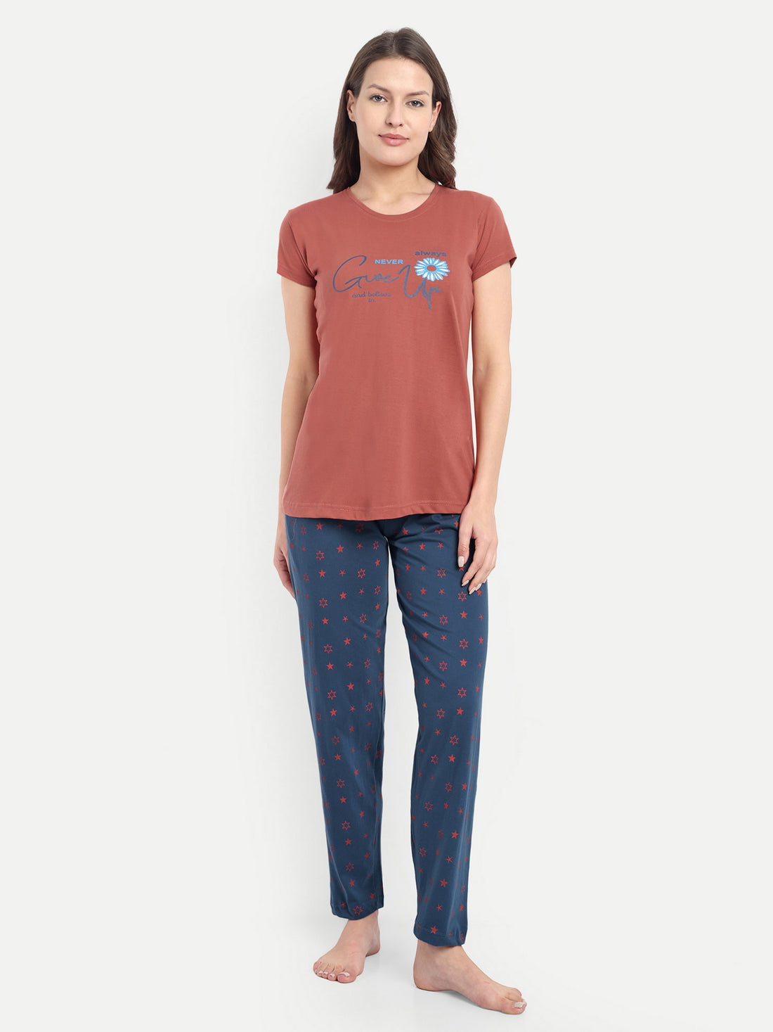 Women's Cotton Star Printed Night Suit Set of T-shirt & Pyjama (15063c)