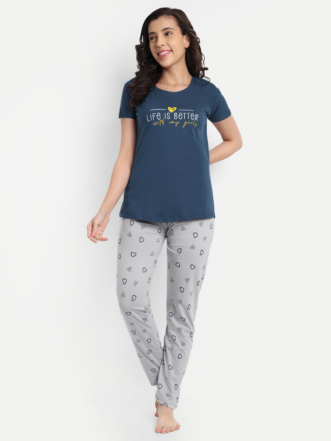 Women's Cotton Heart Printed Night Suit Set of T-shirt & Pyjama (15062a)